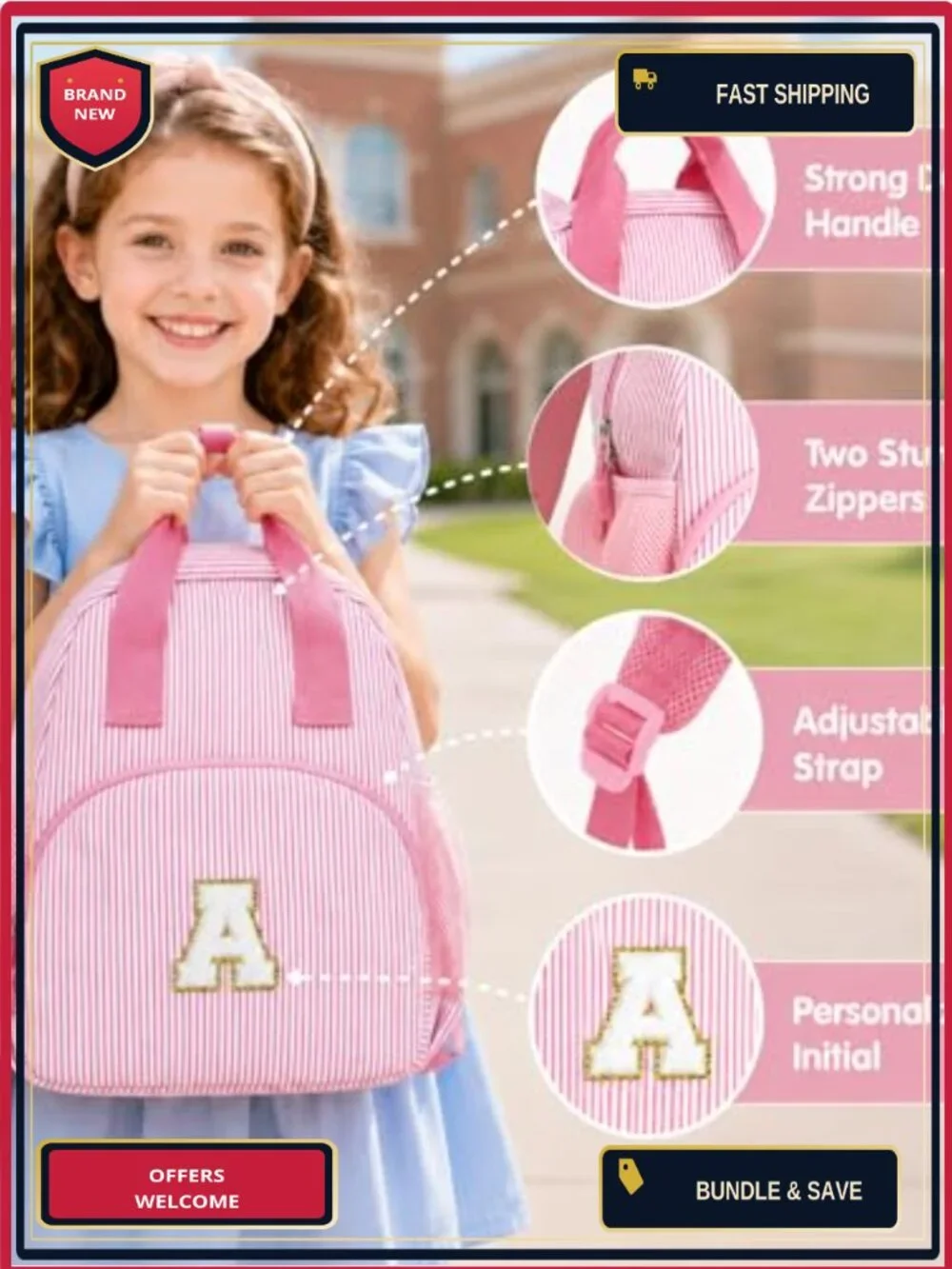 Personalized Initial Kids Backpack, Cotton Toddler Travel Daypack for School